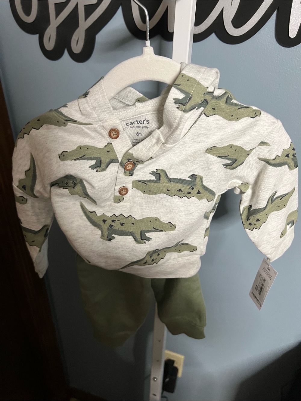 Carter's Cream Hoodie Sweatshirt and Sweatpants with Green Alligator Print NWT
